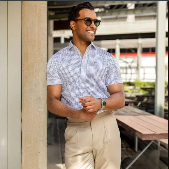 Collars & Co Mens Semi Spread Collar Polo Shirt XL Tall Thin Navy Check Office - Picture 3 of 15